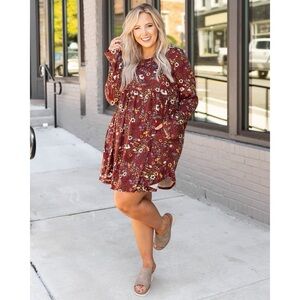 Burnt Red Floral Tiered Long Sleeve Sundress- NEVER WORN